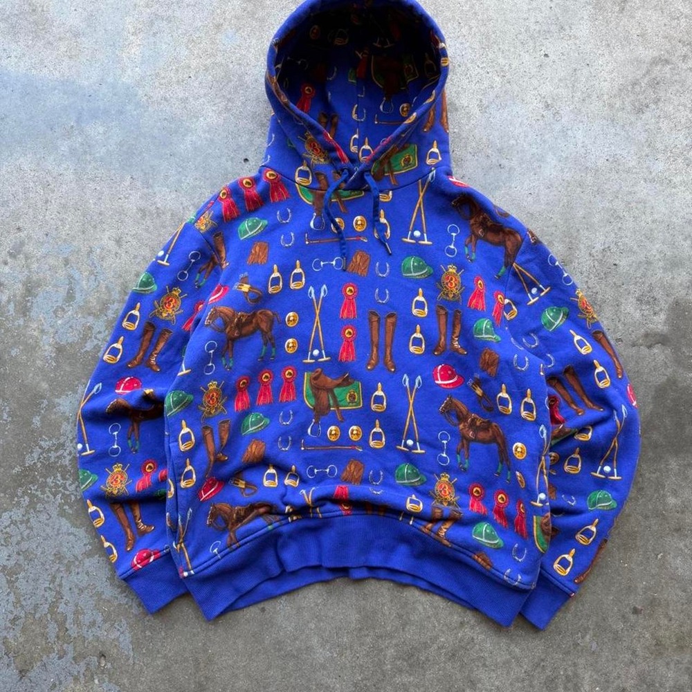 Polo Ralph Lauren blue equestrian print fleece hoodie size L